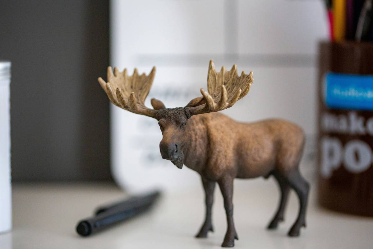 Minimalist moose figurines home decor on a floating shelf with neutral tones and textured wall backdrop